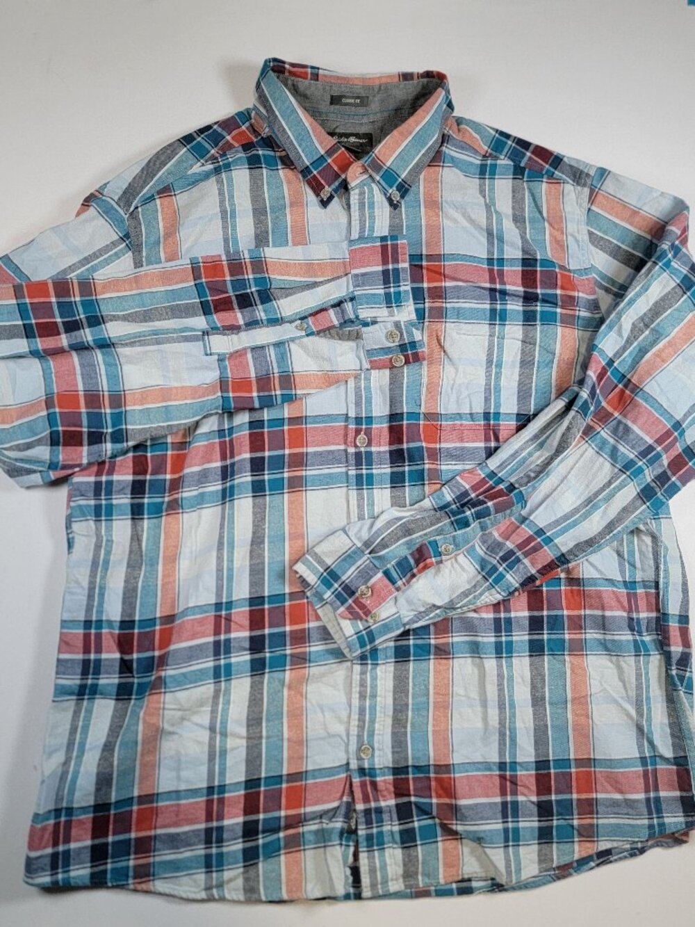 Eddie Bauer Classic Fit Blue Orange Plaid Shirt Mens XL